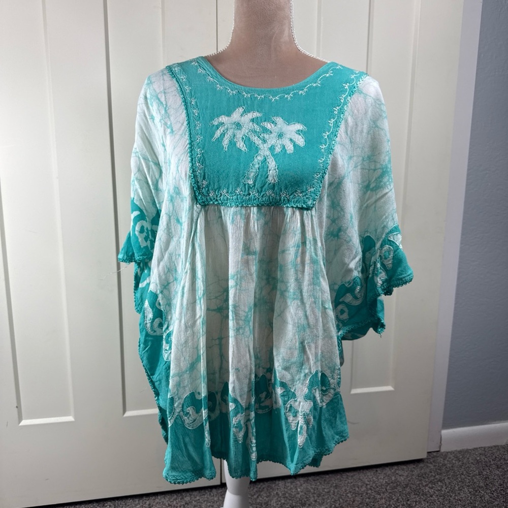 Sakkas Teal and White Palm Embroidered Peasant Tunic
